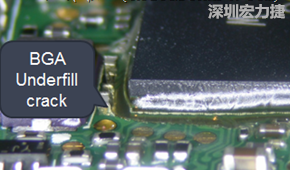 下面兩張照片就顯示既使添加了底部填充膠underfill，經過摔落后還是發生BGA錫球破裂的問題，因為連Underfill膠都裂開了。
