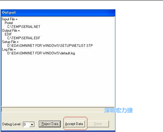 系統(tǒng)彈出一個(gè)輸出窗口，點(diǎn)擊 Accept Data。完成后點(diǎn)擊“確定”，再點(diǎn)擊“Done”關(guān)閉輸出窗口。退出 Omninet for Windows。