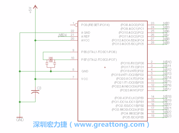 3.3.    將共鳴器（resonator）放置在針腳9和針腳10附近，將它的三個針腳連接如圖所示，并確認(rèn)最中間的針腳有連到接地端。