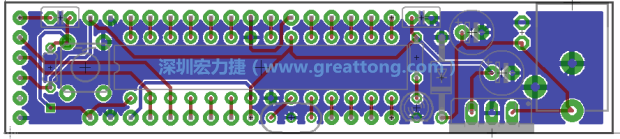 第二篇文章則帶領(lǐng)你進(jìn)行電路板上的布線、連結(jié)點(diǎn)的配置，并利用「設(shè)計規(guī)則檢查（Design Rule Check）」測試你的設(shè)計，第二篇文章的電路板設(shè)計圖將如下所示：