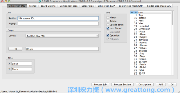 假如你有匯入點(diǎn)陣圖圖層（抑或是有某個圖層是你不想要它們出現(xiàn)在絲印上的），請再次確認(rèn)標(biāo)簽列下面被指定的圖層都是正確無誤的。