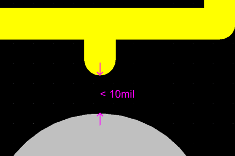 顯示每項違例的細節，本例的絲印與焊盤的間隔少于10mil.